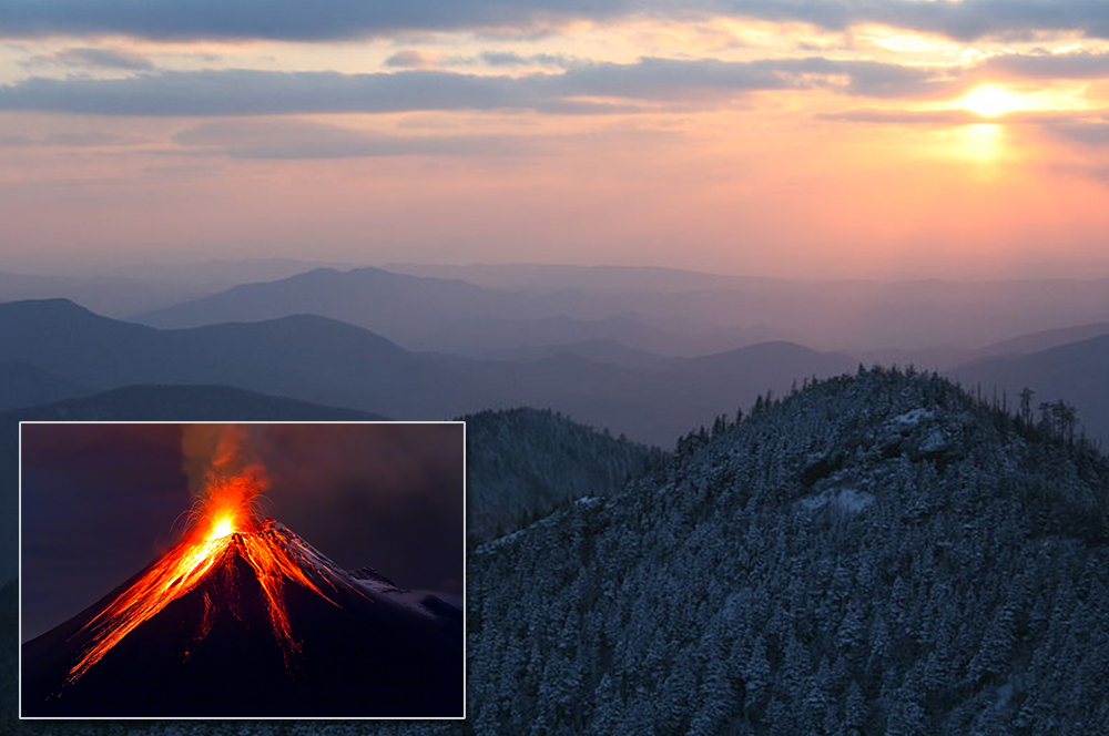 Photo of a volcano embedded in a photo of the Smoky Mountains.